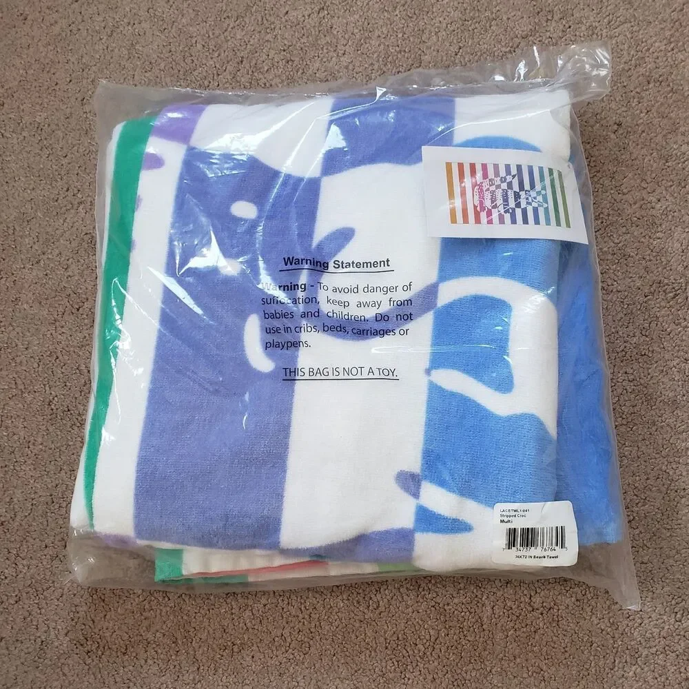 NWT Lacoste 100% Cotton 36x72 Inch Striped Multicolored Croc Beach Towel OekoTex